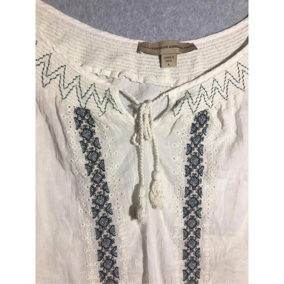 Womens Vintage America Jeans Blouse Boho Wide Neckline Blue Embroidery Details - Picture 2 of 5